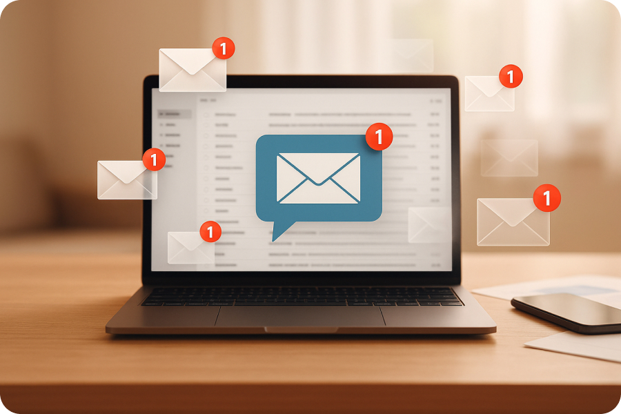 Ordinateur affichant une boîte mail avec des emails entrants, illustrant la délivrabilité et la réception des invitations.