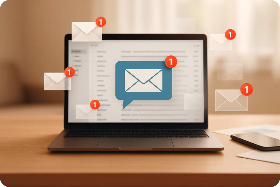 Computer, der einen E-Mail-Posteingang mit eingehenden E-Mails zeigt und die Zustellbarkeit und den Empfang von Einladungen veranschaulicht.