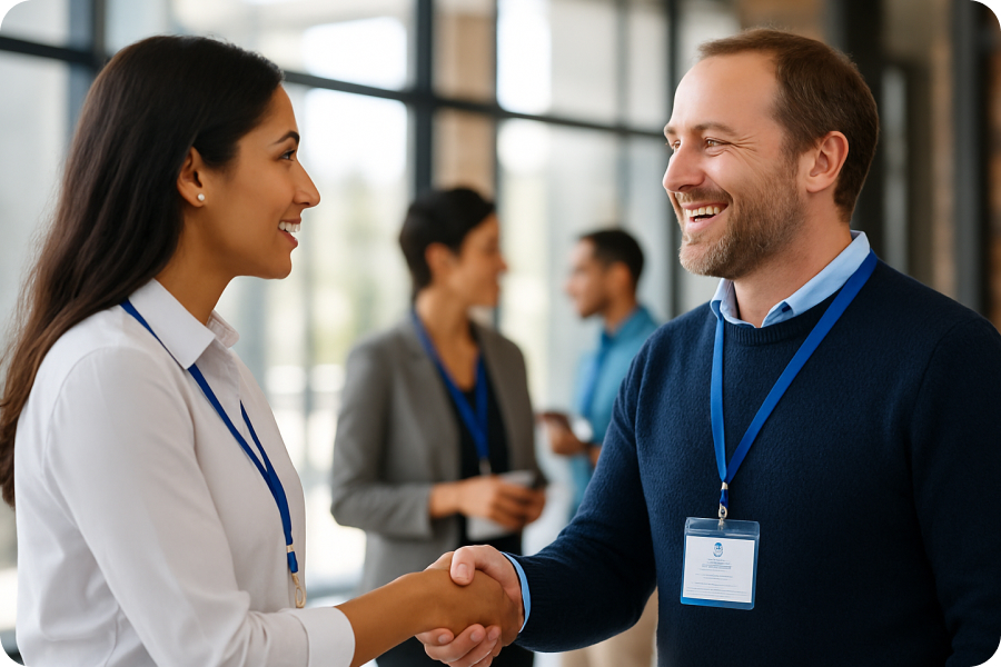 Deux professionnels échangent une poignée de main lors d’un salon professionnel et portent des badges pour le networking.