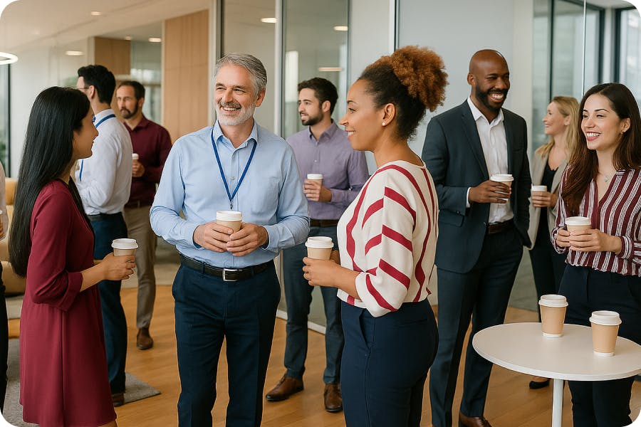Des professionnels discutent et réseautent lors d’un événement B2B en présentiel.
