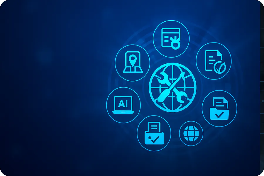 Illustration, die verschiedene digitale Tools zur Organisation und Verwaltung einer professionellen Veranstaltung zeigt.