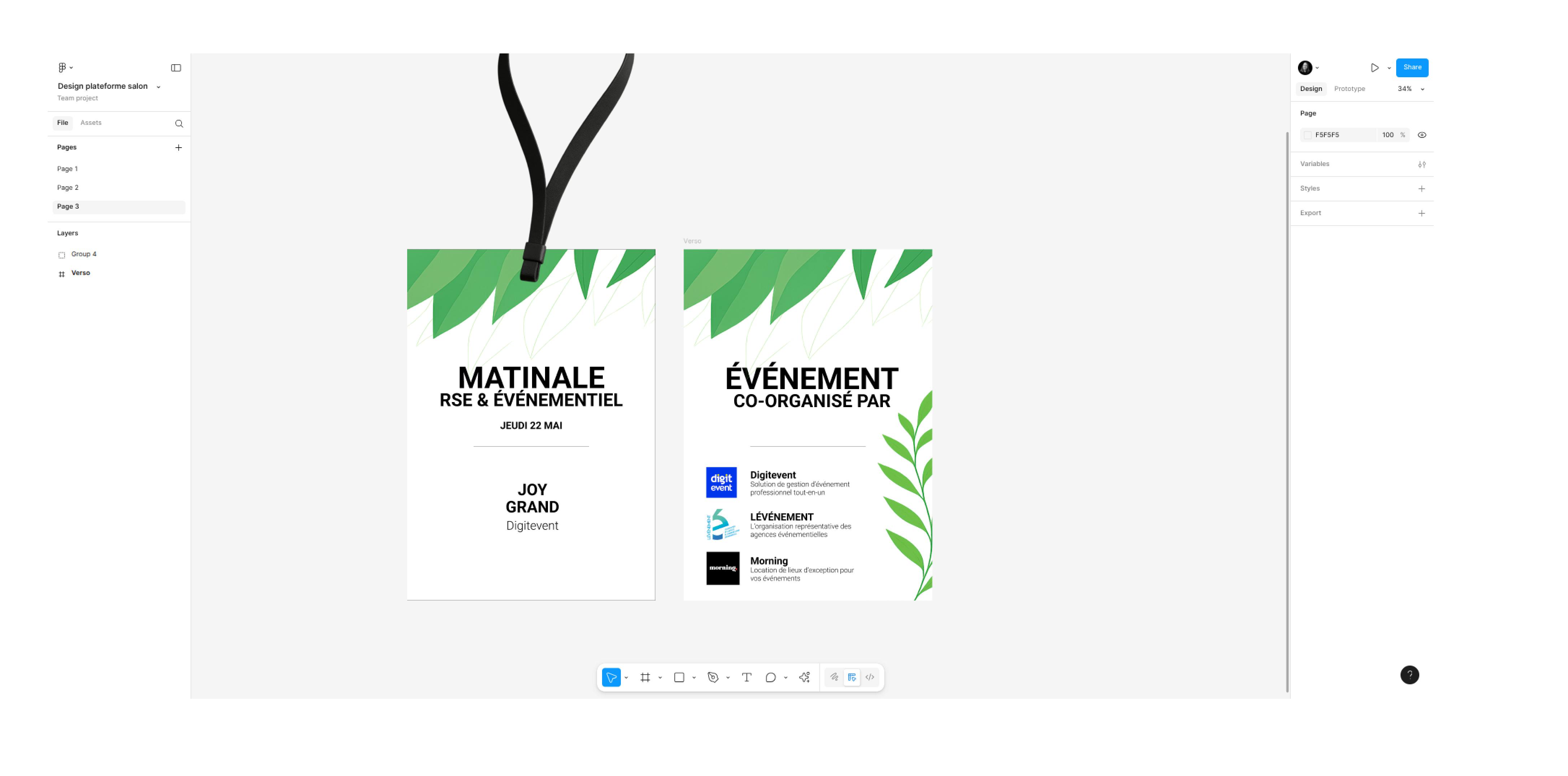 Conception graphique de badges événementiels RSE sur Figma pour un événement professionnel, avec logos et design personnalisé.