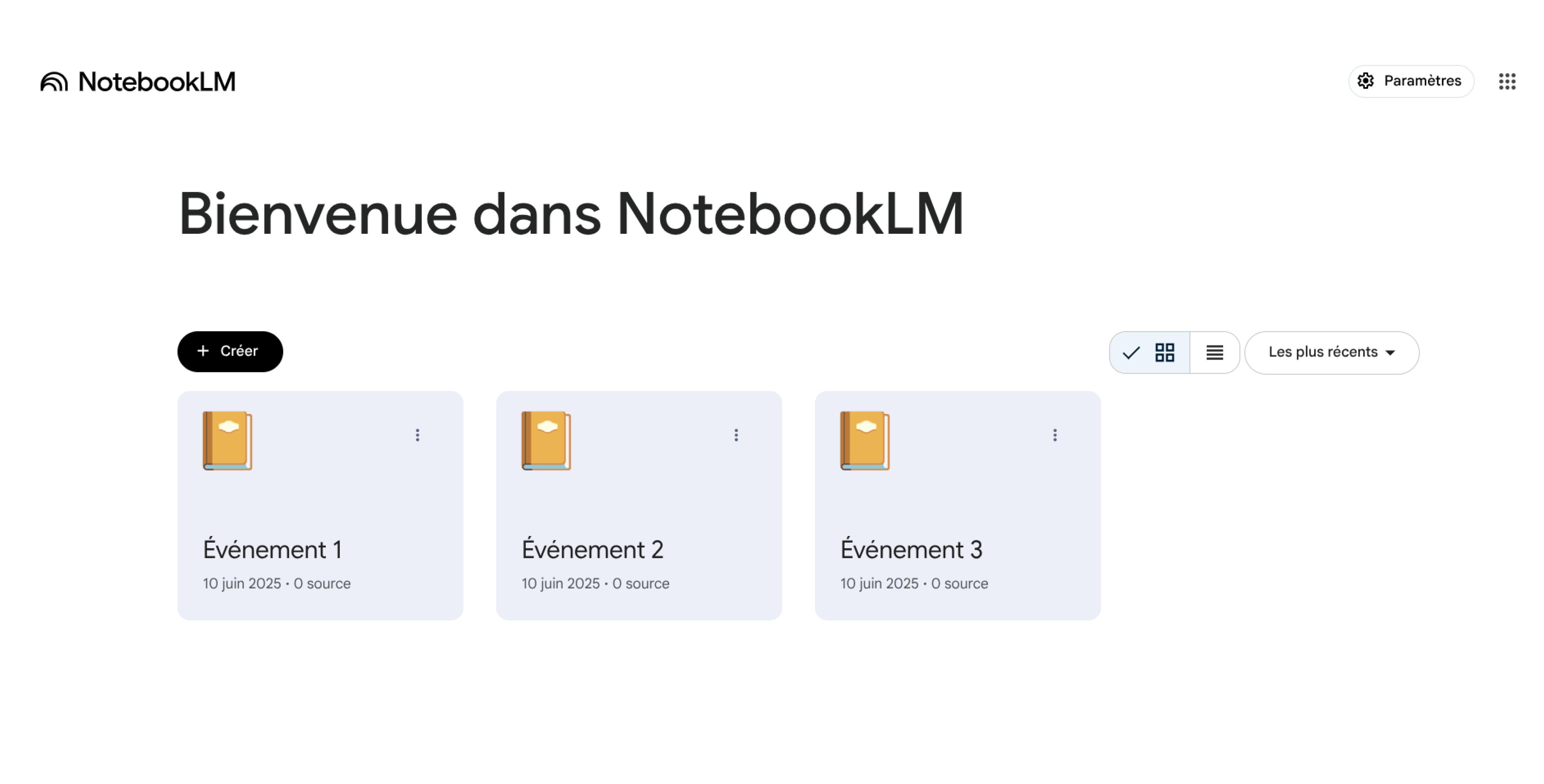 Vue NotebookLM avec liste de projets événementiels, assistant IA pour rassembler et organiser les informations clés