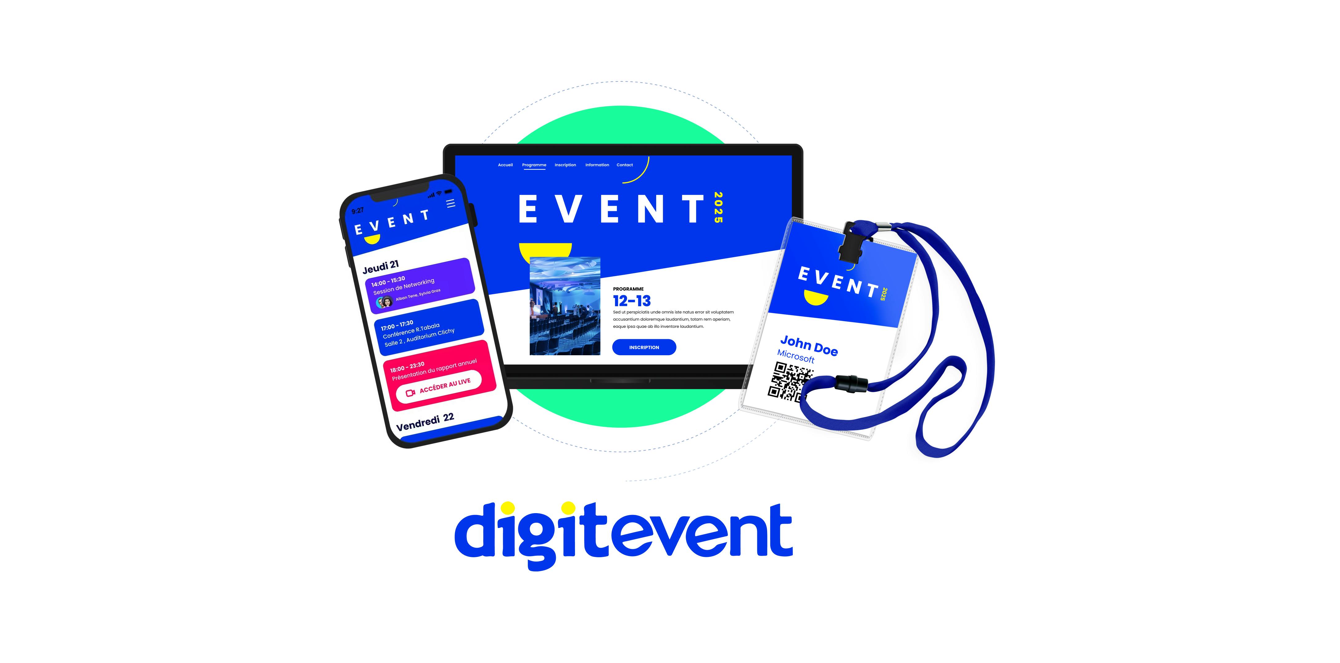 Visuel de la plateforme Digitevent avec site web, badges et application mobile pour gérer l’ensemble d’un événement.