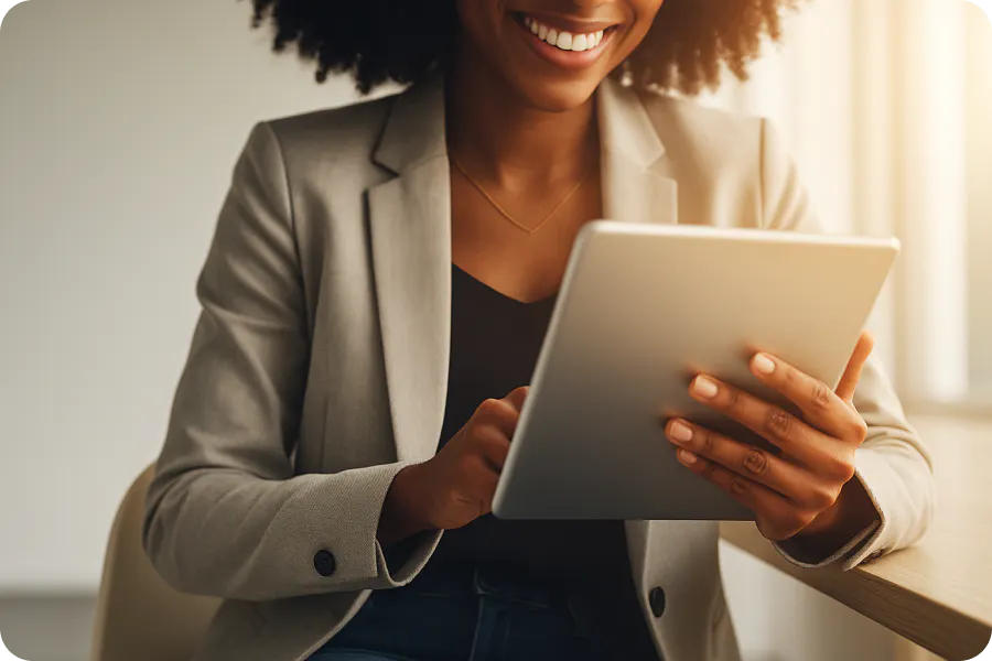 Lächelnde Frau, die ein Tablet nutzt, um die Bewerbung einer geschäftlichen Veranstaltung vorzubereiten, als Sinnbild für effektive digitale Kommunikation.