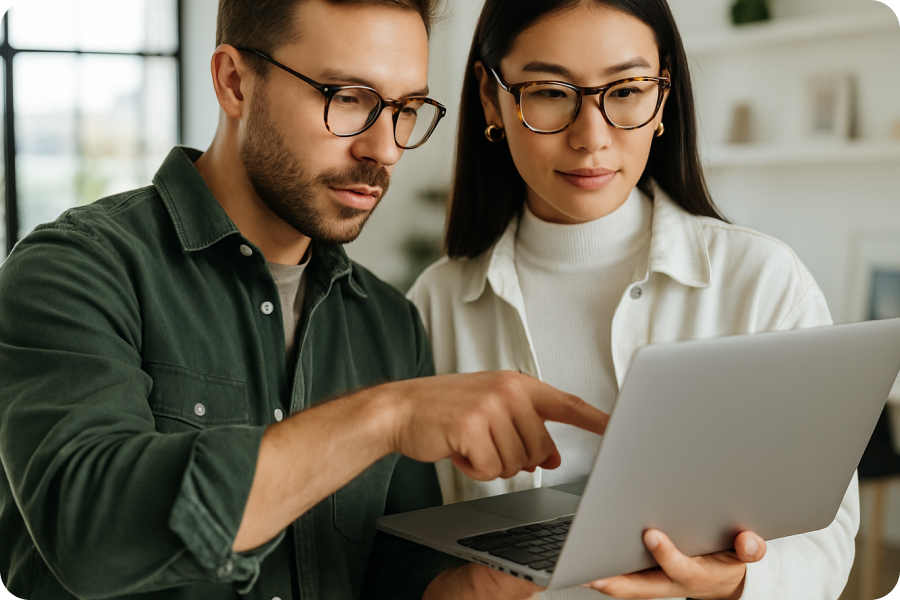 Deux professionnels analysant les résultats d’un événement sur un ordinateur portable, illustrant l’importance du suivi et de l’évaluation post-événement.