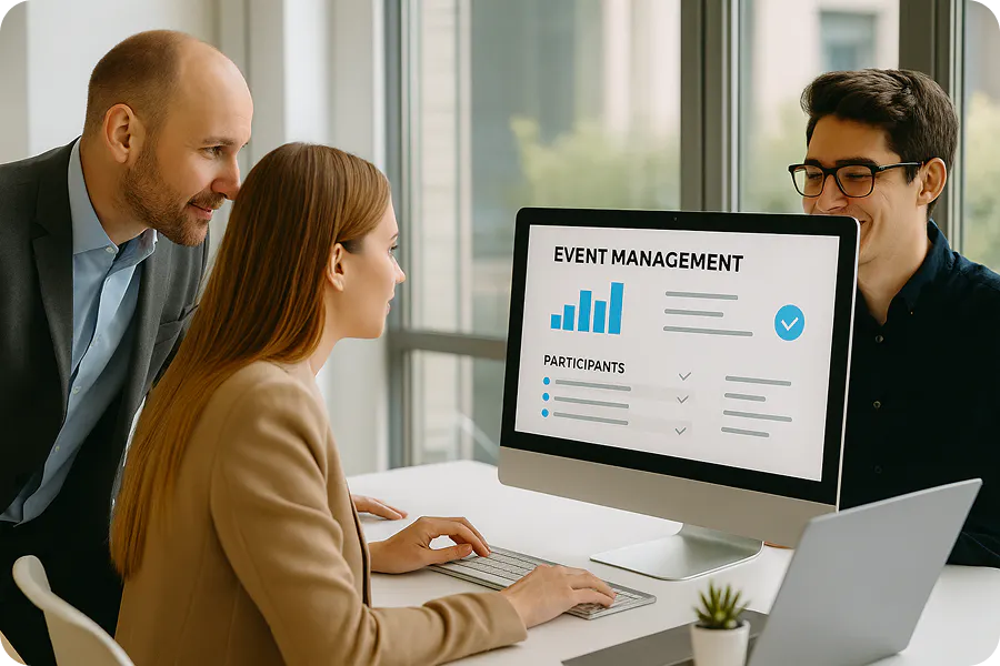 Drei Personen tauschen sich im Büro über eine Veranstaltungsmanagement-Software aus, die auf einem Computer angezeigt wird.