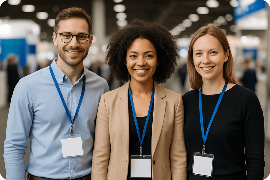 Trois professionnels portant des badges événementiels