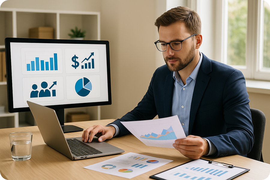 Un homme en costume, assis à un bureau, analyse des graphiques sur papier et sur un écran d’ordinateur. Celui-ci affiche des diagrammes et des statistiques.