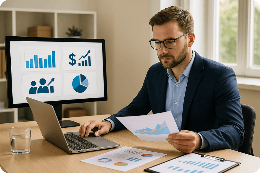 Un homme en costume, assis à un bureau, analyse des graphiques sur papier et sur un écran d’ordinateur. Celui-ci affiche des diagrammes et des statistiques.
