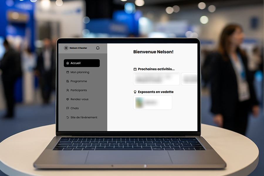 L’image montre l’espace exposant affiché sur un ordinateur portable, utilisé au cœur d’un salon professionnel. On y voit l’interface personnalisée avec un menu clair : planning, programme, participants, rendez-vous, chats et accès au site de l’événement. La page d’accueil met en avant les prochaines activités et les exposants en vedette, illustrant une expérience fluide et centralisée pour les participants sur place.