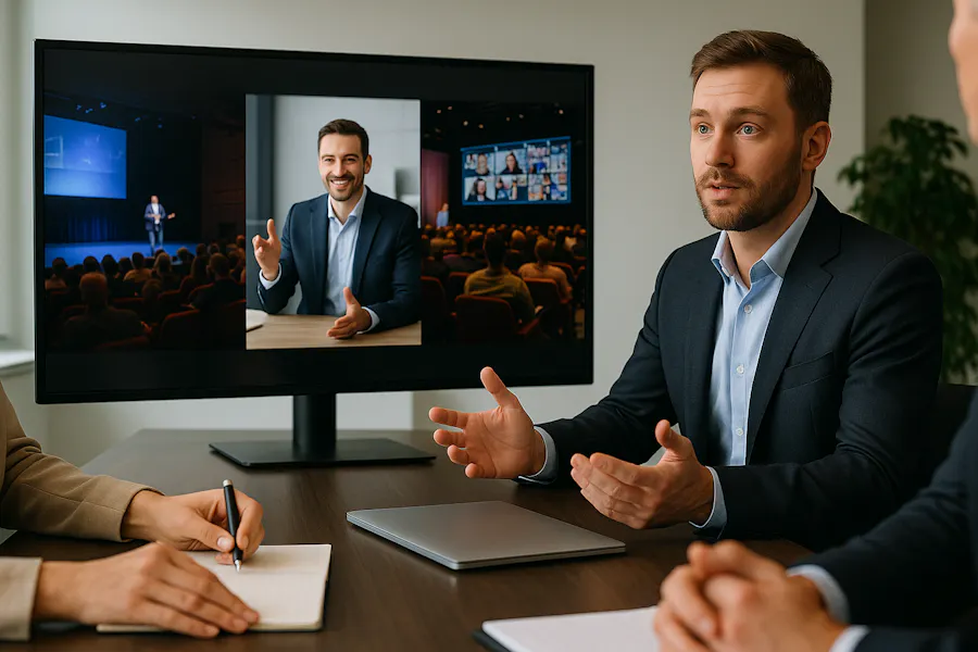 Bild einer B2B-Besprechung: Ein Mann im Anzug erklärt verschiedene Veranstaltungsformate, während ein Bildschirm Bilder zu einer Präsenzveranstaltung, einer digitalen Videokonferenz und einem hybriden Format zeigt. Zwei Mitarbeitende machen sich am Tisch Notizen.