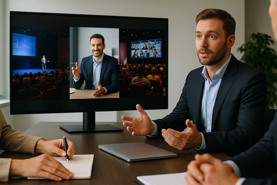 Image montrant une réunion B2B : un homme en costume explique différents formats d’événements, tandis qu’un écran affiche des images représentant un événement présentiel, une visioconférence digitale et un format hybride. Deux collaborateurs prennent des notes autour de la table.
