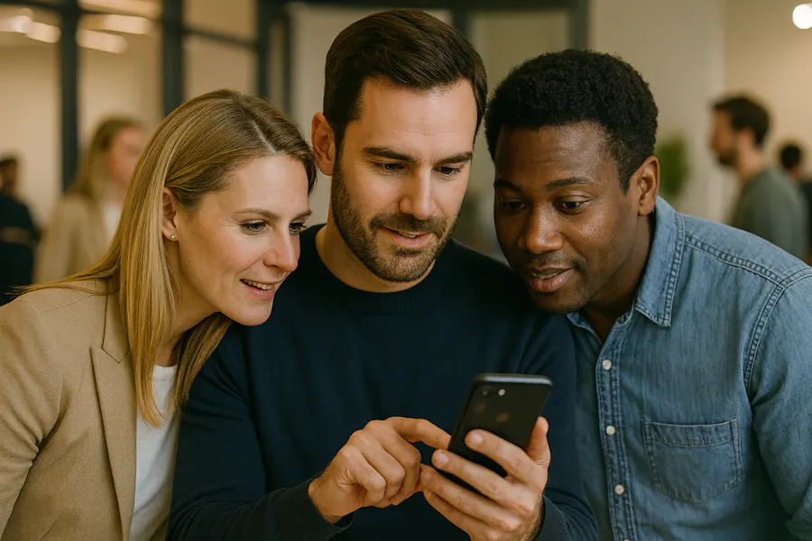 Drei Personen, ein Mann in der Mitte, der ein Smartphone hält, und zwei Kollegen an seiner Seite, schauen gemeinsam interessiert auf den Bildschirm des Telefons während einer Firmenveranstaltung.