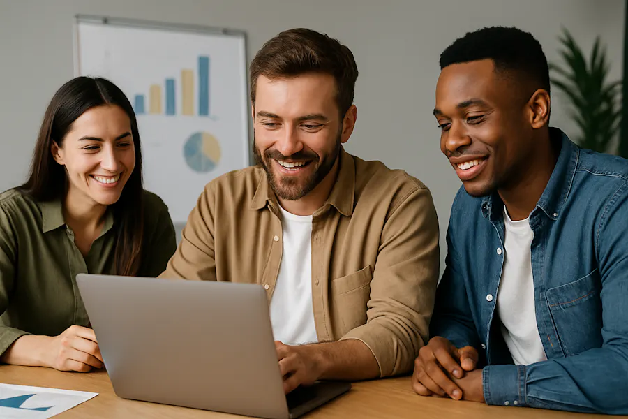 Drei lächelnde Fachleute versammelt um einen Laptop, die gemeinsam Daten während eines Meetings in einem modernen Büro analysieren.