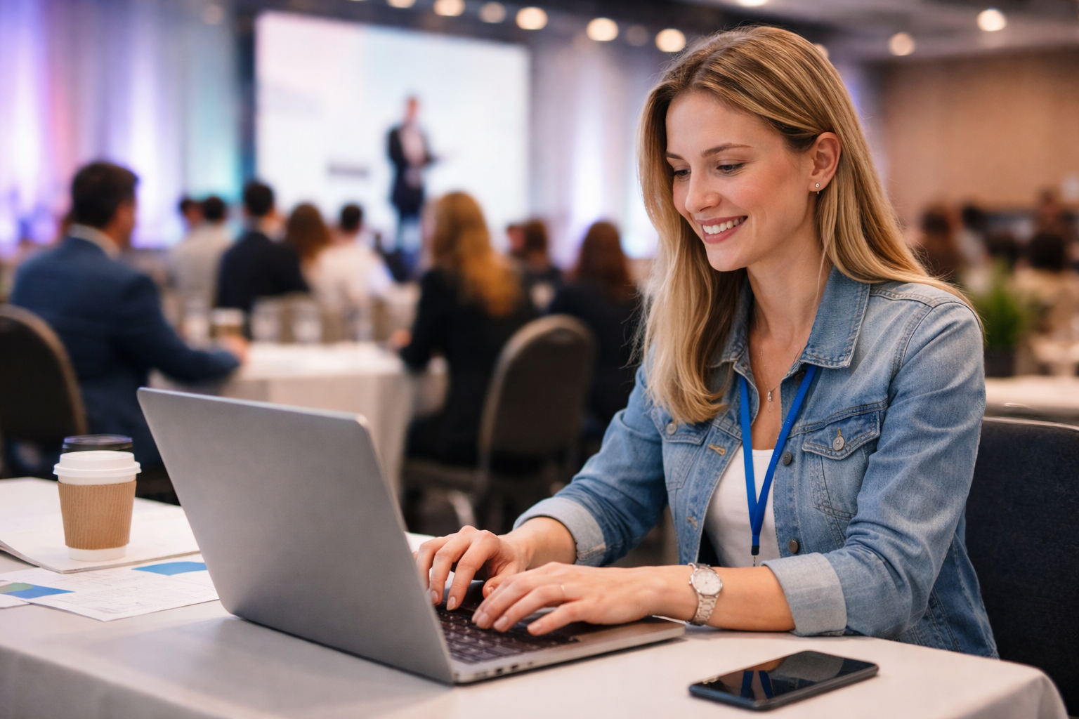 Une organisatrice d’événement travaille sur son ordinateur portable pendant une conférence professionnelle. Elle check son logiciel de billetterie. 