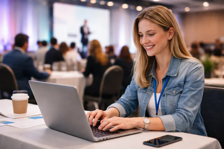 Eine Veranstaltungsorganisatorin arbeitet an ihrem Laptop während einer Fachkonferenz. Sie überprüft ihre Ticketing-Software.