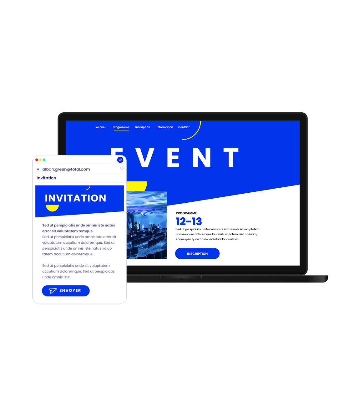 Email d’invitation à un événement et site web événementiel affichés sur ordinateur, avec programme, informations pratiques et bouton d’inscription en ligne.