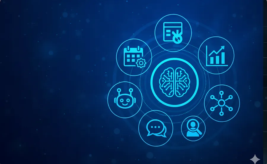 Illustration représentant l’intelligence artificielle appliquée à l’événementiel, avec des icônes symbolisant l’analyse de données, la planification, le marketing, le networking, la communication et la performance.