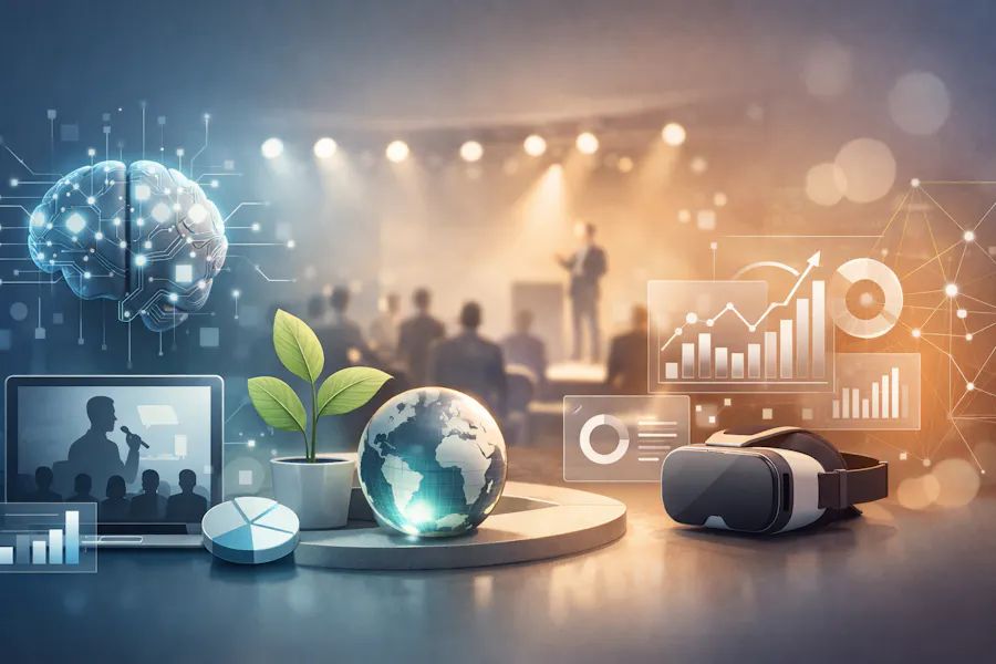 Illustration einer professionellen Veranstaltung mit Konferenz, künstlicher Intelligenz, Datenvisualisierungen, immersiven Technologien und Veranstaltungsinnovation.