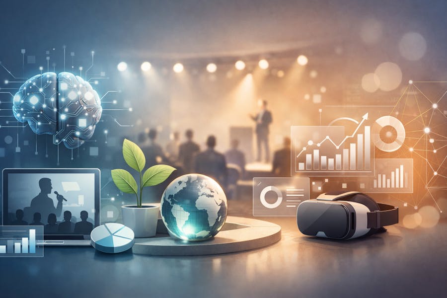 Illustration représentant un événement professionnel avec conférence, intelligence artificielle, visualisations de données, technologies immersives et innovation événementielle.