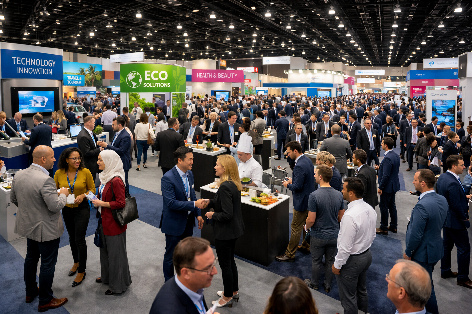 Vue panoramique d’un salon professionnel animé avec de nombreux stands et participants échangeant dans un hall d’exposition moderne.