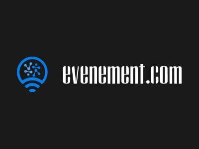 Logo Evenement.com représentant une icône bleue de signal connecté à gauche et le nom « evenement.com » en lettres blanches sur fond noir.
