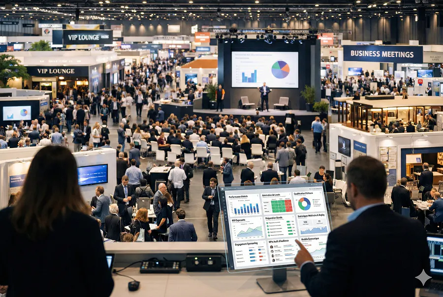 Vue d’ensemble d’un salon professionnel avec stands, espace conférences et tableau de bord de données illustrant le pilotage ROI d’un événement BtoB.