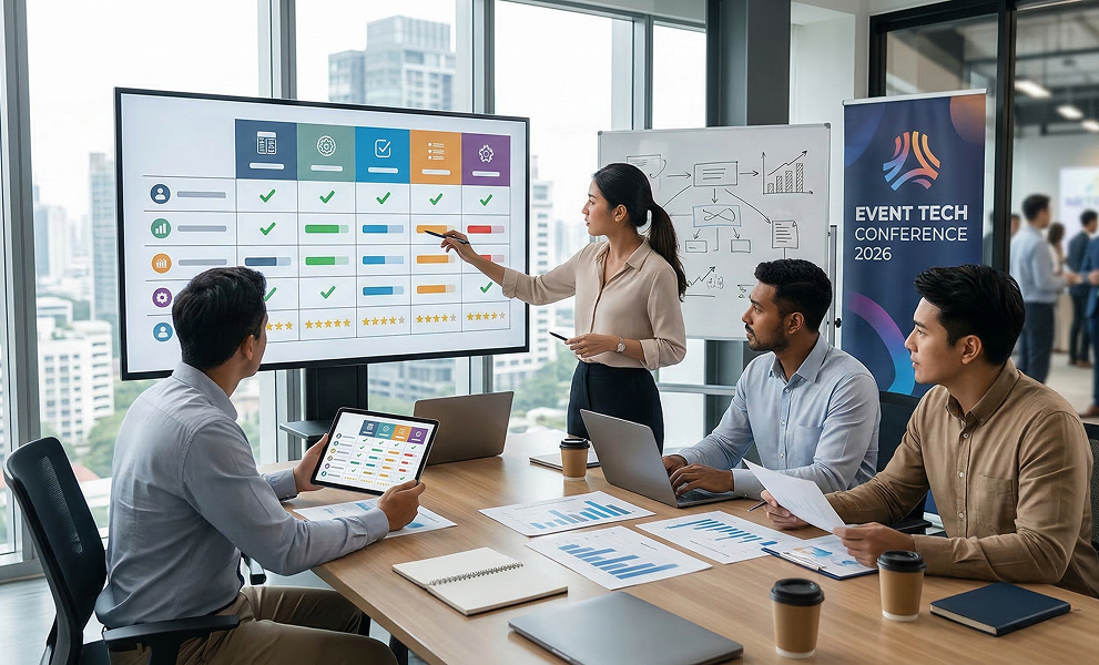 Event planning team reviewing dashboards and analytics on an event management platform while preparing an event tech conference.