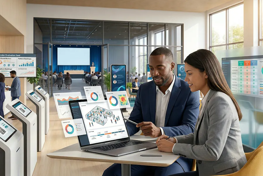 Deux professionnels analysent sur un ordinateur portable des tableaux de bord et données liées à une plateforme événementielle, dans un espace moderne avec bornes d’accueil à QR code et une conférence en cours en arrière-plan.