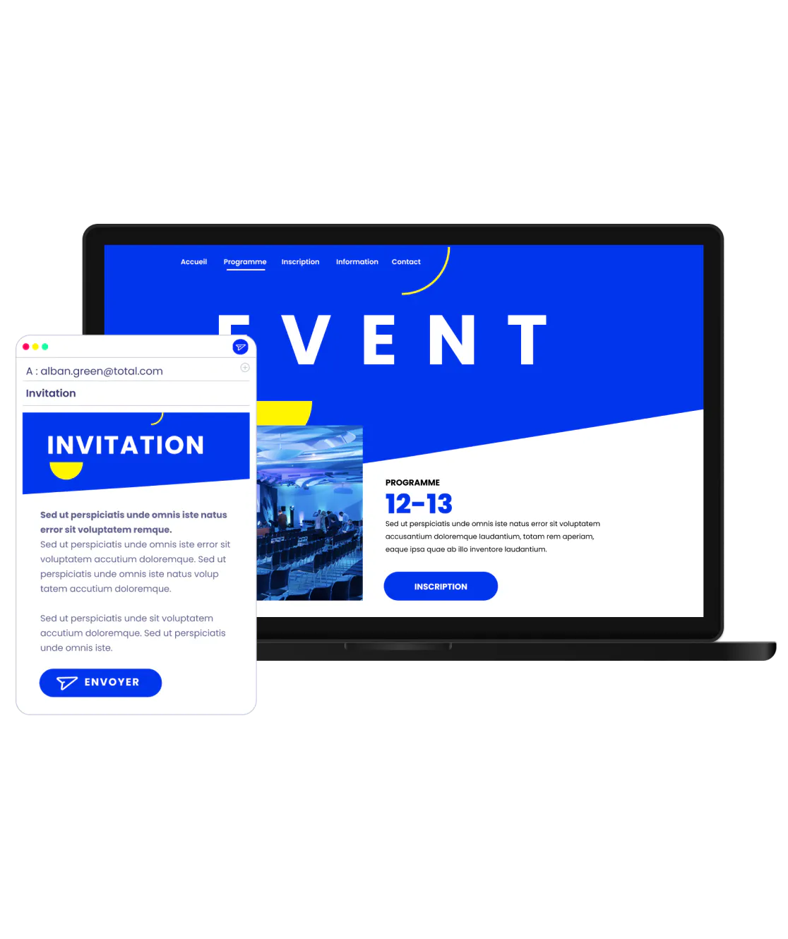 Email d’invitation à un événement et site web événementiel affichés sur ordinateur, avec programme, informations pratiques et bouton d’inscription en ligne.