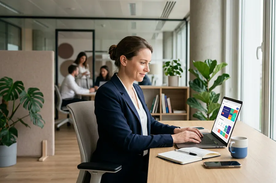 Professionnelle travaillant sur un ordinateur dans un bureau moderne avec interface de gestion d’événement à l’écran