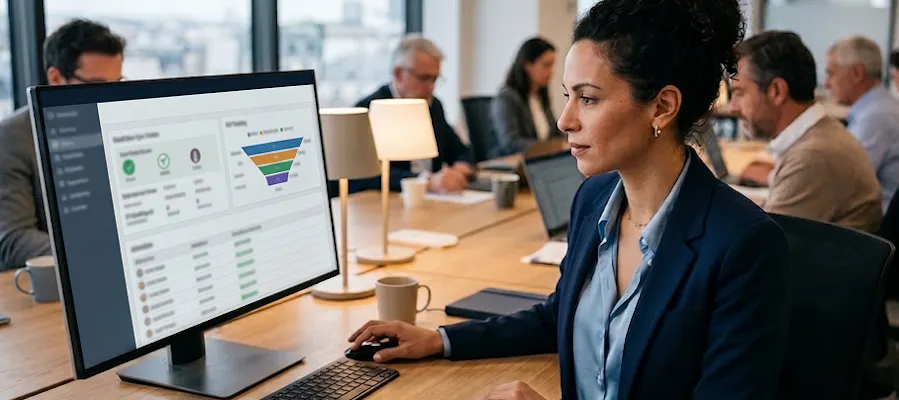 Femme en blazer marine concentrée sur un écran affichant un funnel et des données CRM, carnet et tablette sur le bureau, collègues en arrière-plan.
