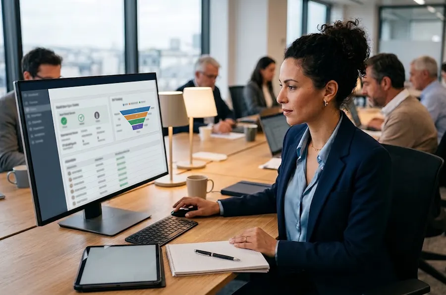 Femme en blazer marine concentrée sur un écran affichant un funnel et des données CRM, carnet et tablette sur le bureau, collègues en arrière-plan.