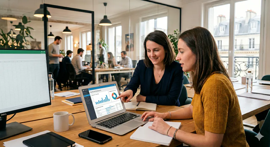 Deux femmes en réunion dans un open space parisien, consultant un tableau de bord de statistiques événementielles sur un ordinateur portable.