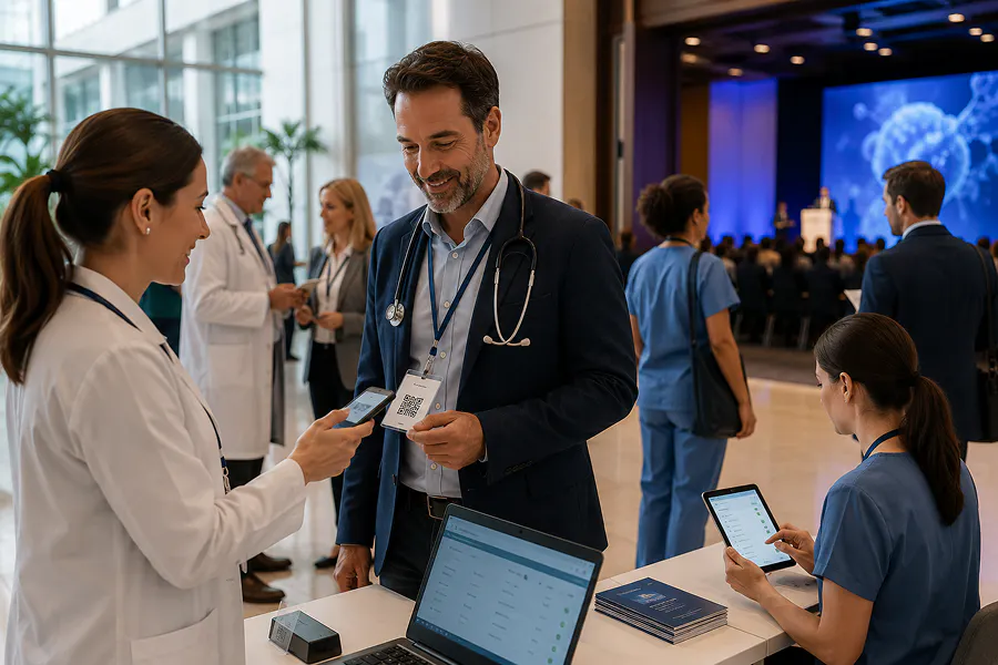 Un praticien se présente à l'accueil d'un congrès médical. Une hôtesse scanne son badge QR code via smartphone pendant qu'une seconde agente gère les présences sur tablette. Un laptop affiche le tableau de bord de gestion des participants en temps réel, dans un espace de congrès moderne avec salle plénière en arrière-plan.