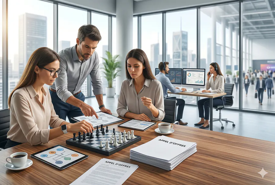 Trois collaborateurs analysent un appel d'offres événementiel dans un open space moderne, avec documents RFP, tablettes et écrans de données en arrière-plan.