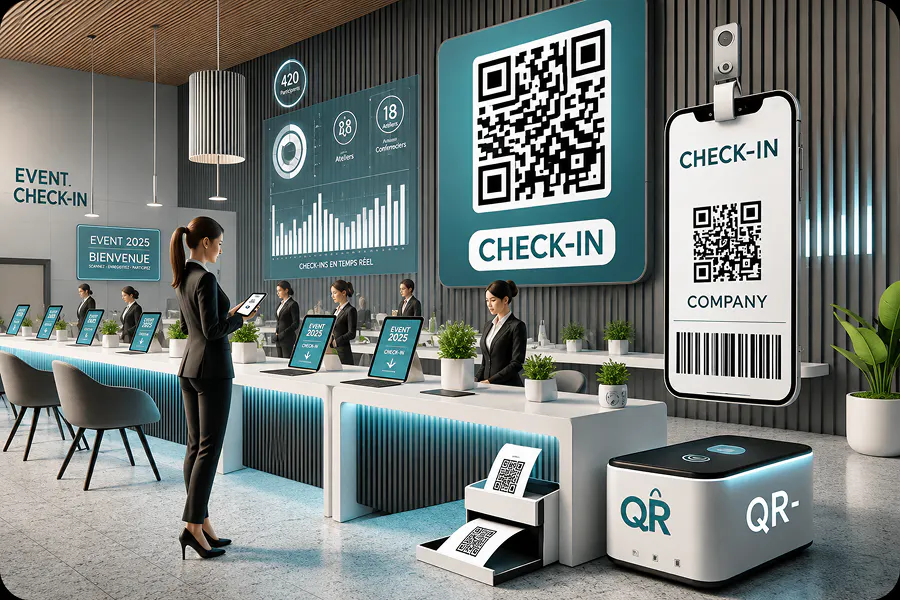 Espace d'accueil événementiel moderne équipé de bornes de check-in, d'une imprimante de badges, de tablettes de gestion et d'un écran affichant les statistiques de participation en temps réel.