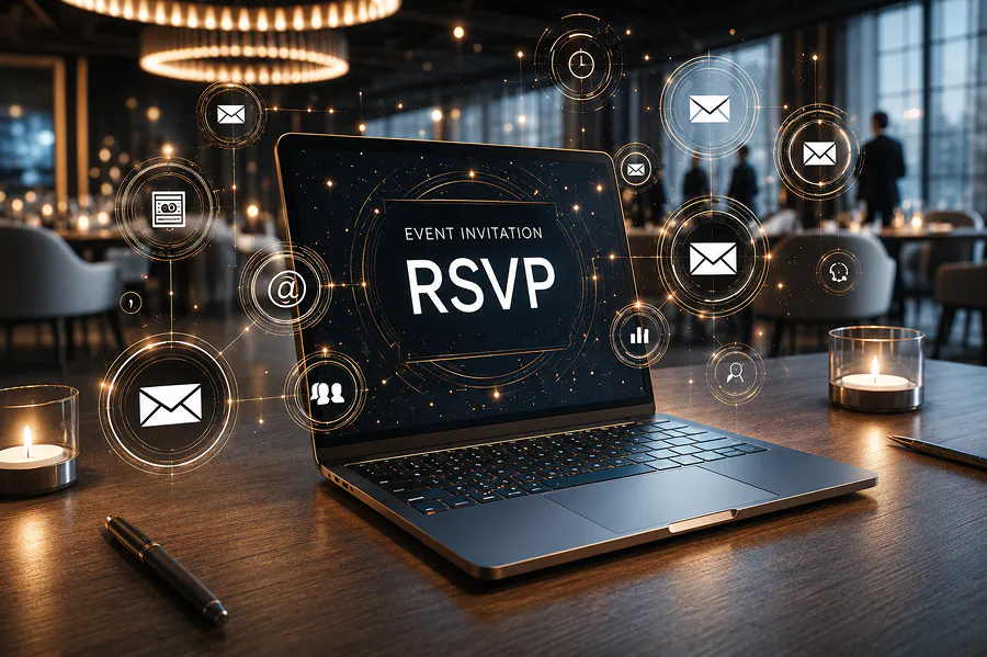 Visual illustrating a digital event invitation displayed on a laptop, with an RSVP button and floating icons representing emails and digital interactions, in a modern conference setting.