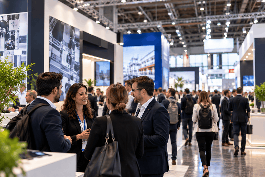 Fachbesucher tauschen sich auf einer modernen Fachmesse aus und knüpfen neue Geschäftskontakte. Das Bild zeigt die Networking-Möglichkeiten und Geschäftschancen auf B2B-Messen in Deutschland.