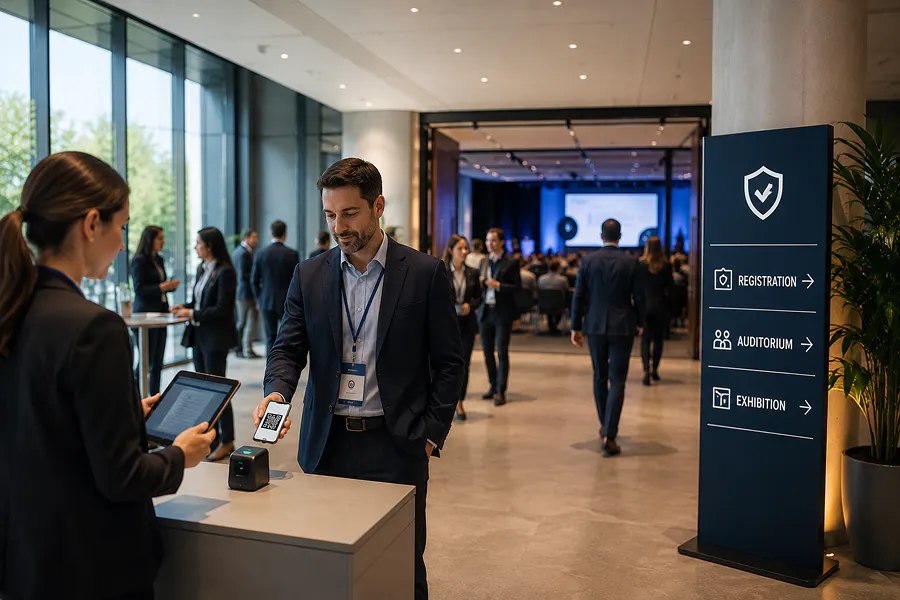 Business event registration and check-in illustrating real-time attendance tracking and event security preparedness under Martyn’s Law.