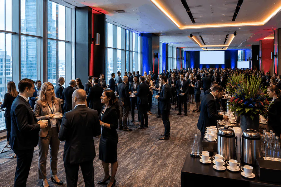 Attendees chatting around a coffee area during a Transport for London professional event, organized with the event app