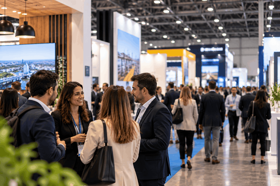 Profissionais conversando e criando conexões durante uma feira de negócios, em um moderno centro de exposições. A imagem representa as oportunidades de networking e desenvolvimento comercial nas feiras B2B no Brasil.