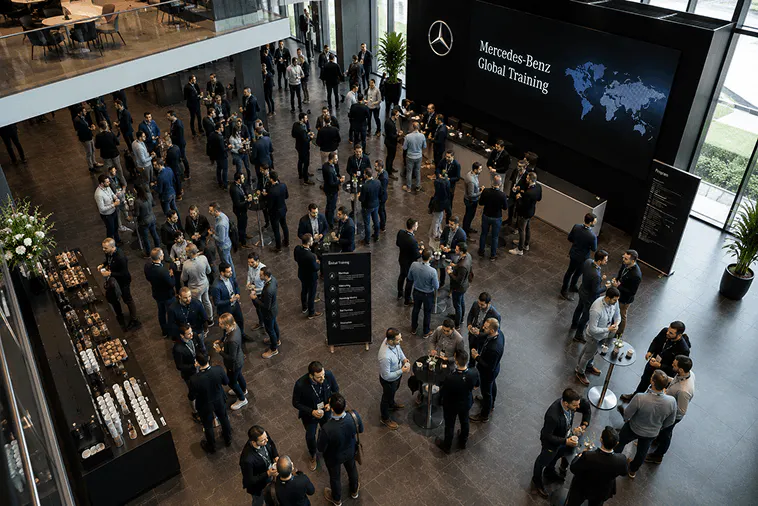 Teilnehmende versammeln sich in einem großzügigen, modernen Atrium vor einem Bildschirm mit dem Veranstaltungsprogramm.