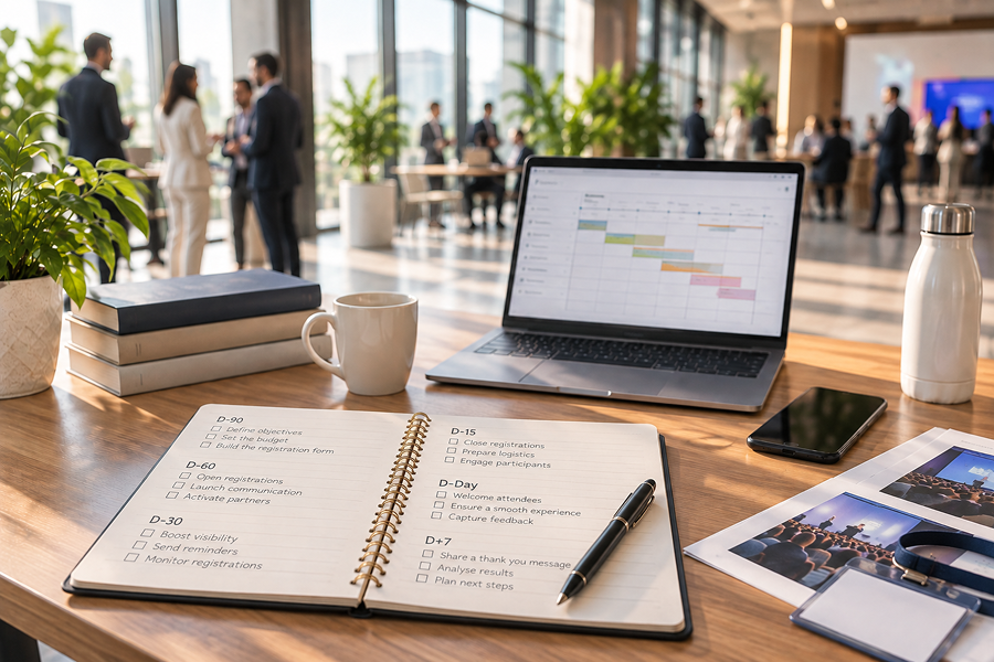 Checklist de D-90 a D+7 sobre uma mesa, com notebook, café e vista de um evento em andamento ao fundo.
