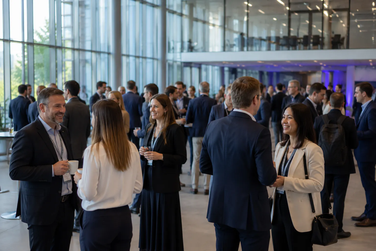 Photo of networking in a large reception area with floor-to-ceiling windows: attendees in business attire, wearing badges, chat in small groups over coffee during a break.