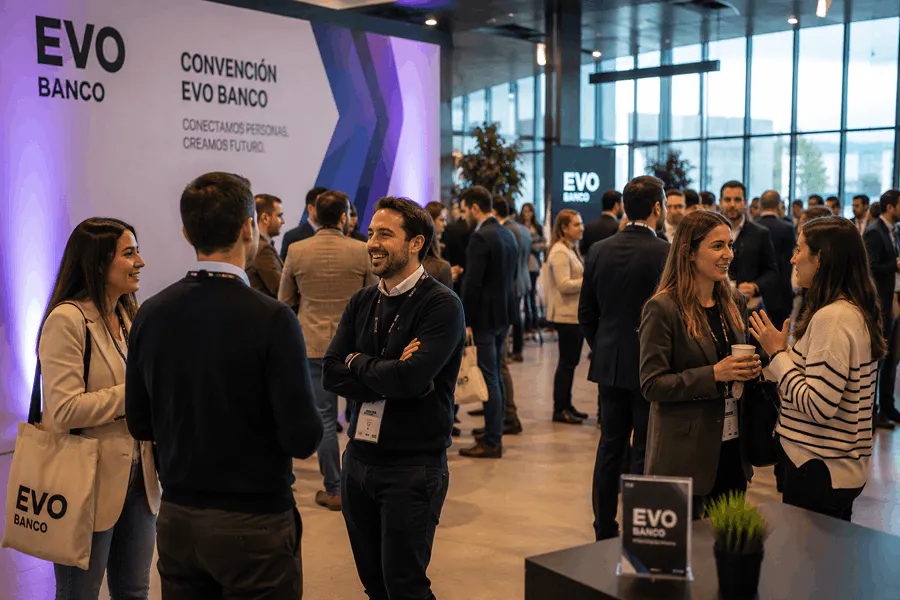 Los colaboradores de EVO Banco comparten un momento de networking e intercambio durante la convención en Madrid.