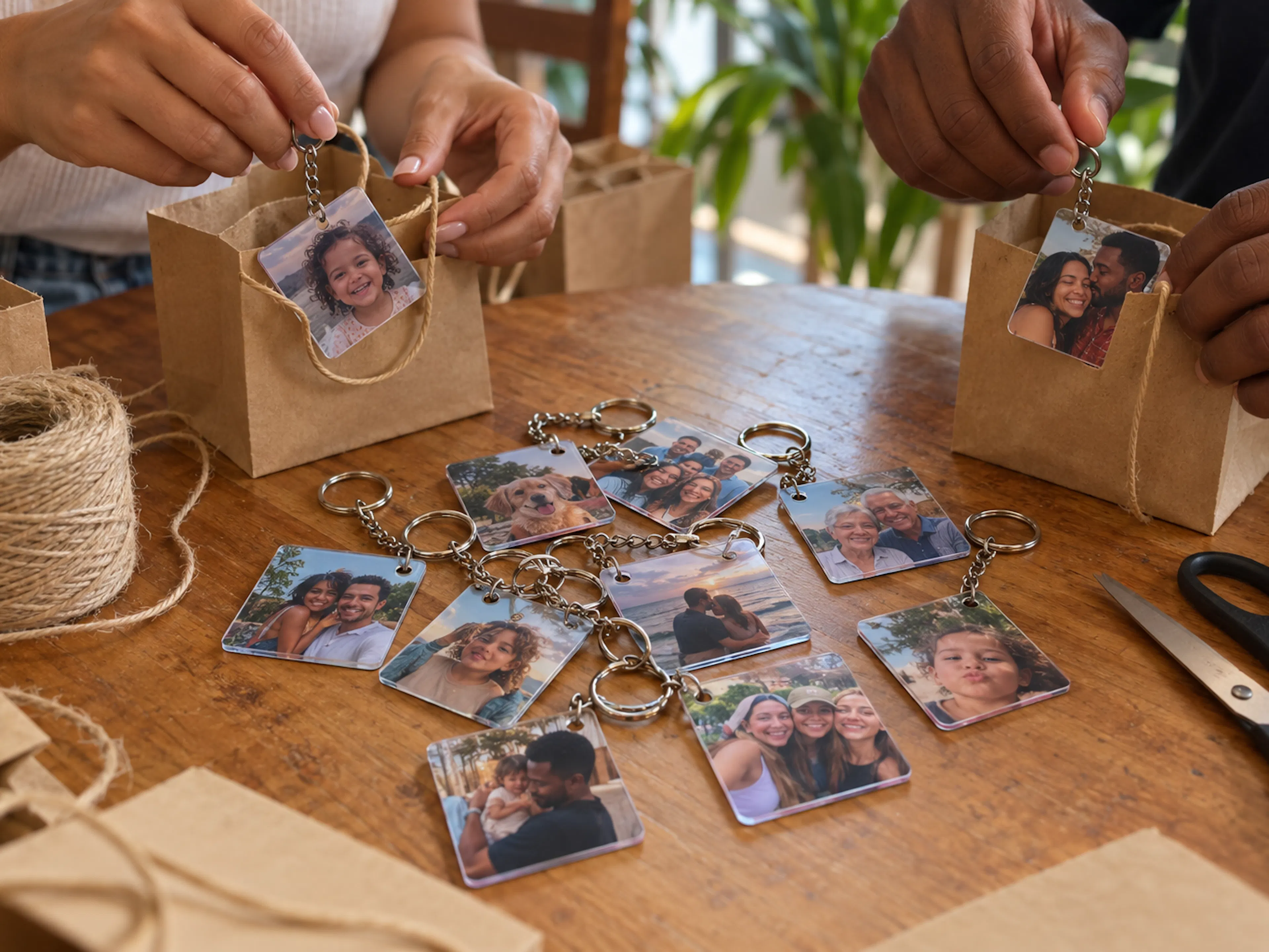 Chaveiros com fotos sendo colocados em saquinhos de presente