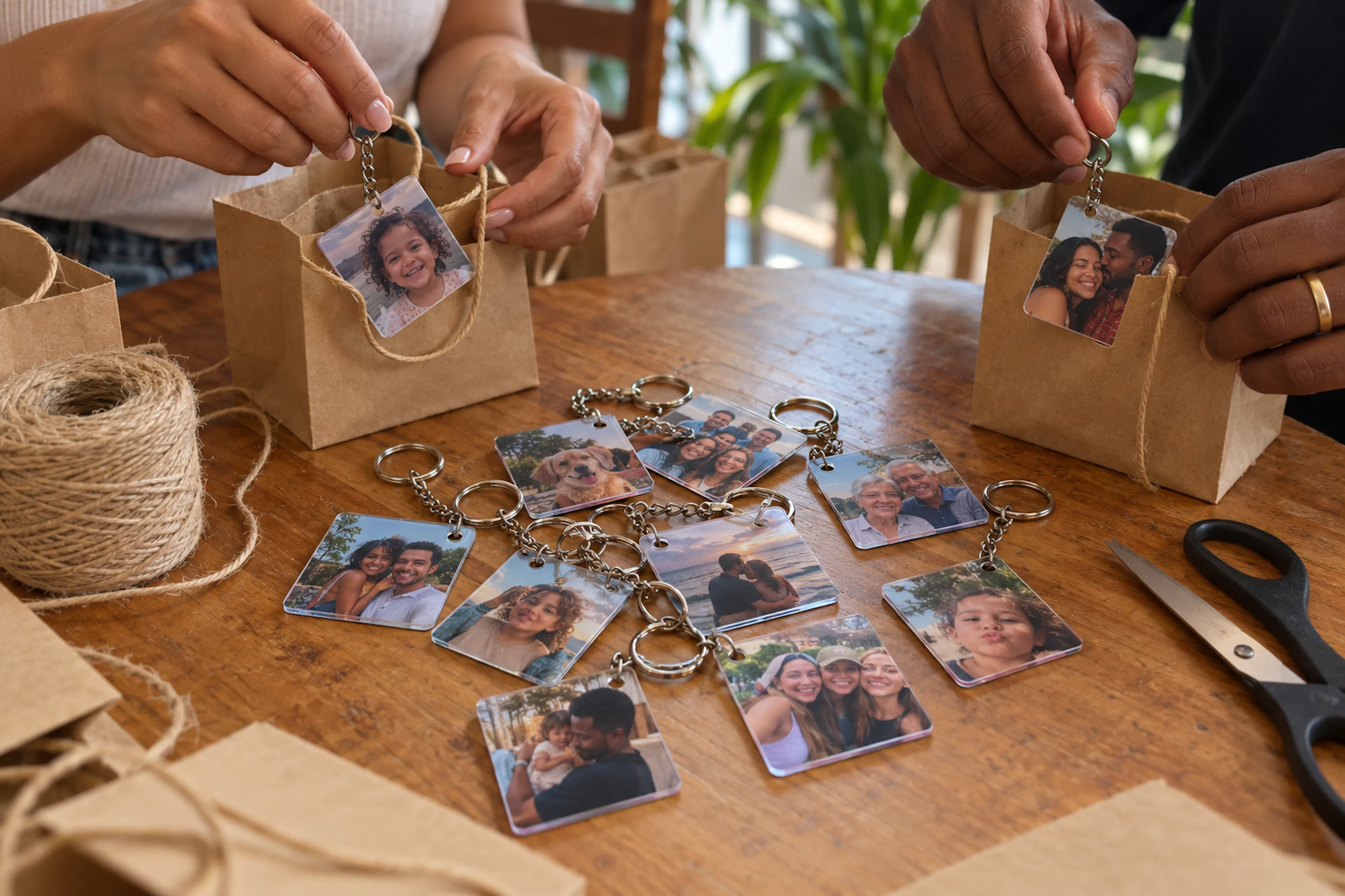 Chaveiros com fotos sendo colocados em saquinhos de presente