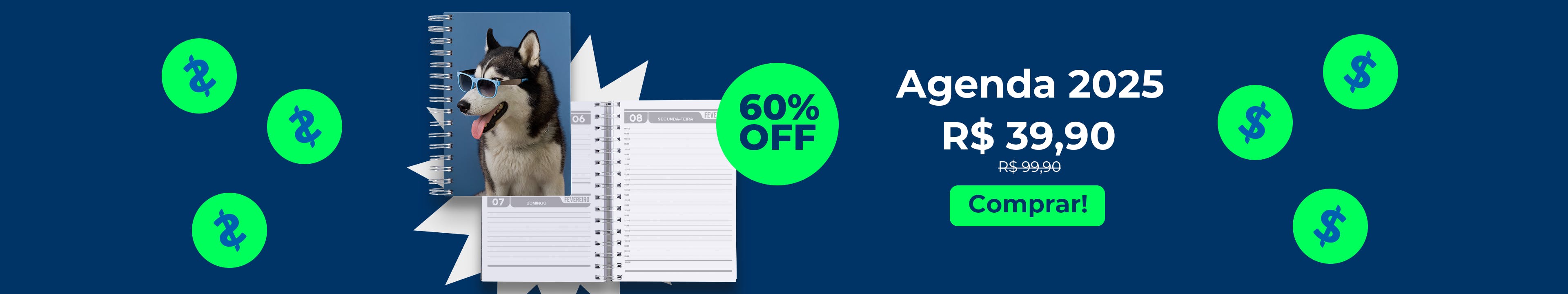 Agenda 2025 com 60% OFF de R$99,90 por R$39,90